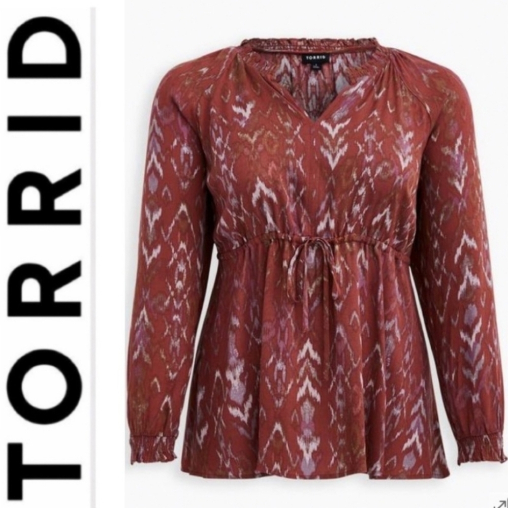 Torrid Terracotta Peasant Top Crepe Tie Waist Boho Long Sleeve Size Large